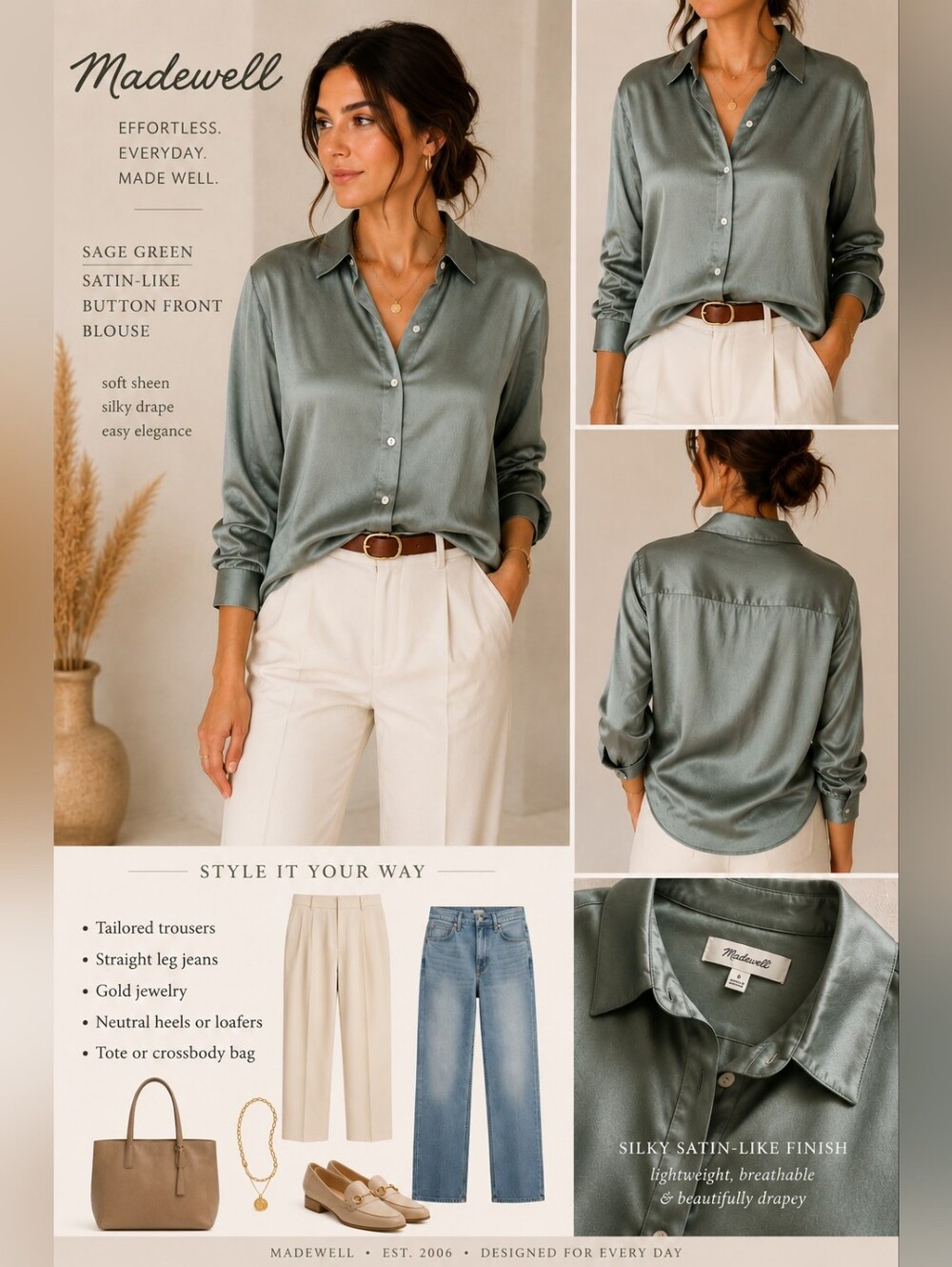 Madewell Sage Green Silky Satin-Like Button Front Blouse Size 6